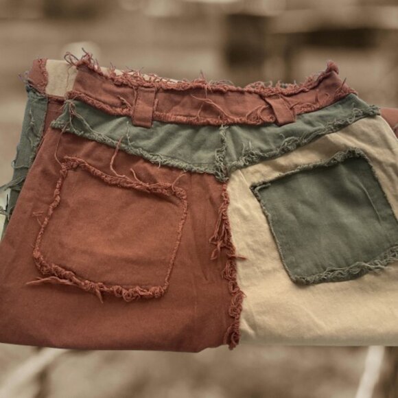 Shein Pants Adult Green Brown Beige Patchwork Women’s Medium - Picture 2 of 5